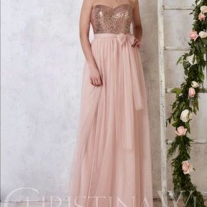 Rose Gold Blush Pink long strapless Formal Dress with sequin details
